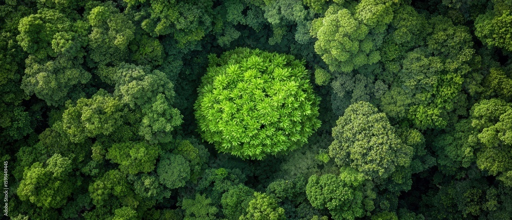 Naklejka premium Exploring Nature's Resilient Growth: A Glimpse at a Thriving Tree Surrounded by Dense Forest