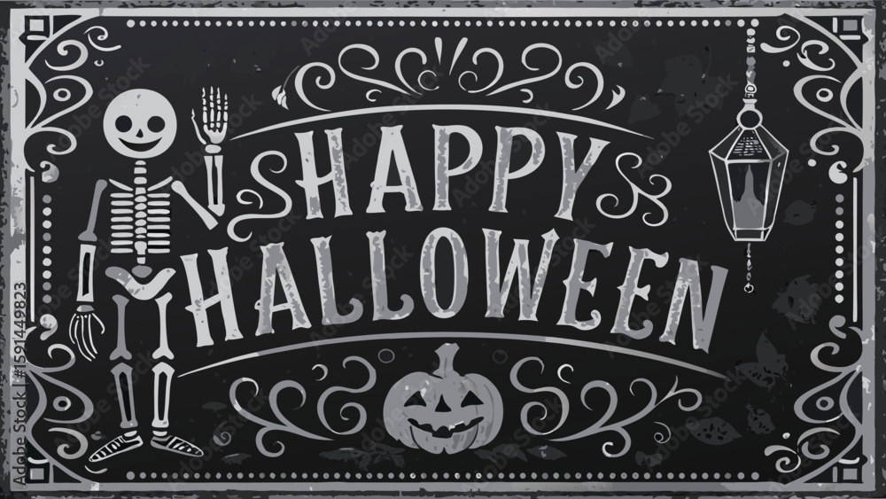 Fototapeta premium Happy halloween sign with skeleton, pumpkin, and lantern on a black background with decorative border