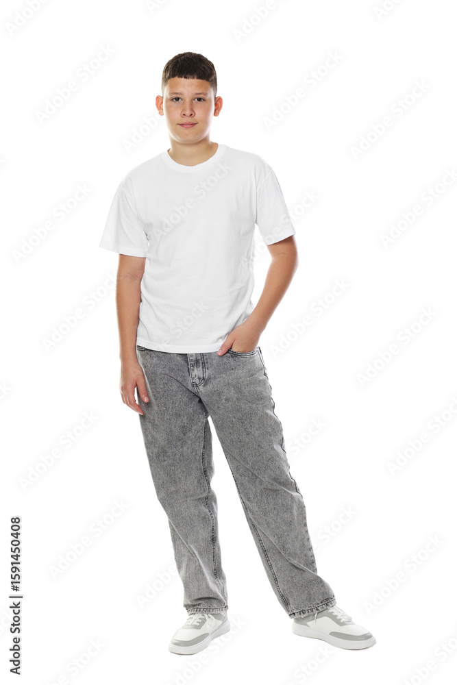 Fototapeta premium Happy teenage boy posing on white background