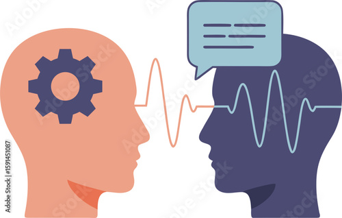 A conceptual icon of conflict and misunderstanding between colleagues. People's heads with a gear and a "wave" of communication, symbolizing the complexity of interaction and disagreements.