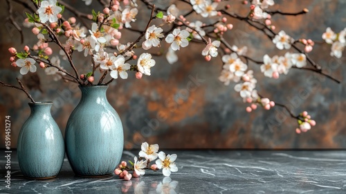 Elegant Floral Still Life with Blossom Branches in Blue Vases on Marble