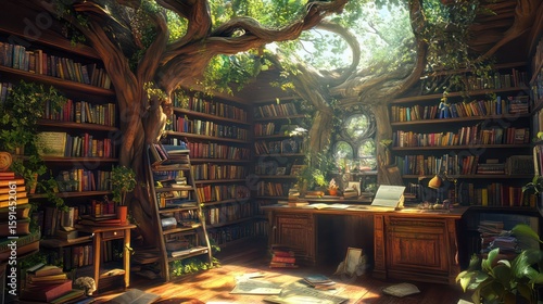 Enchanting Treehouse Library: Books, Sunlight, and Nature's Embrace in a Cozy Space