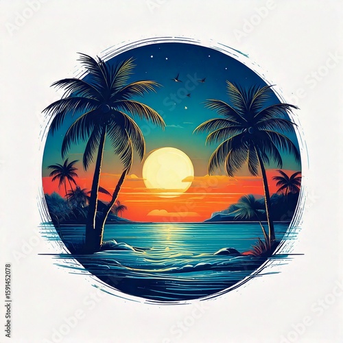 tropical beach at sunset with palm tree  in white background illustration