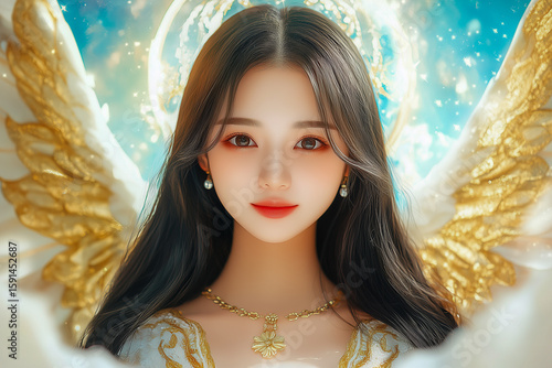 Beautiful asian female angel front view