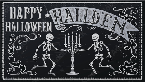 Happy halloween hall den sign with skeletons and candles on a black background design art