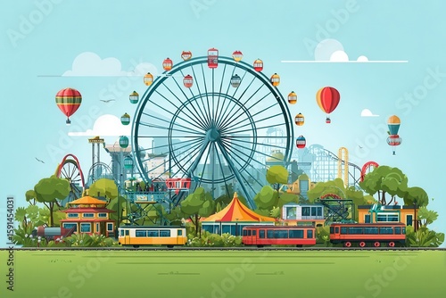 Vibrant Amusement Park Illustration with Ferris Wheel and Cityscape