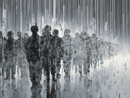 Abstract Silhouettes of Soldiers Dissolving into Digital Rain of Code and Camouflage in Misty Chaotic Grid – High Overhead Shot Evoking Endurance and Obedience