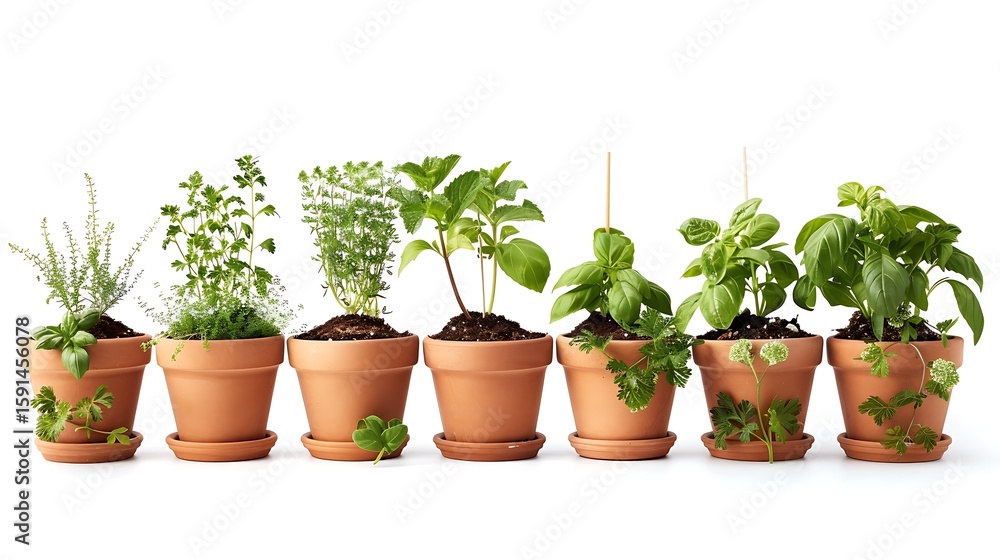 **A Fully Organic Herb Garden Containing Mint, Coriander, Basil, And Lemongrass Arranged In Clean Terracotta Pots. Each Pot Is Labeled With A Color-Coded Stick (No Text Shown). Background Is Plain Whi