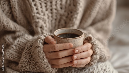 Woman's Hands Holding a Coffee Mug in a Cozy Knit Sweater