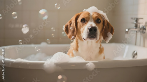 Beagle dog enjoying a bubble bath in a white bathtub