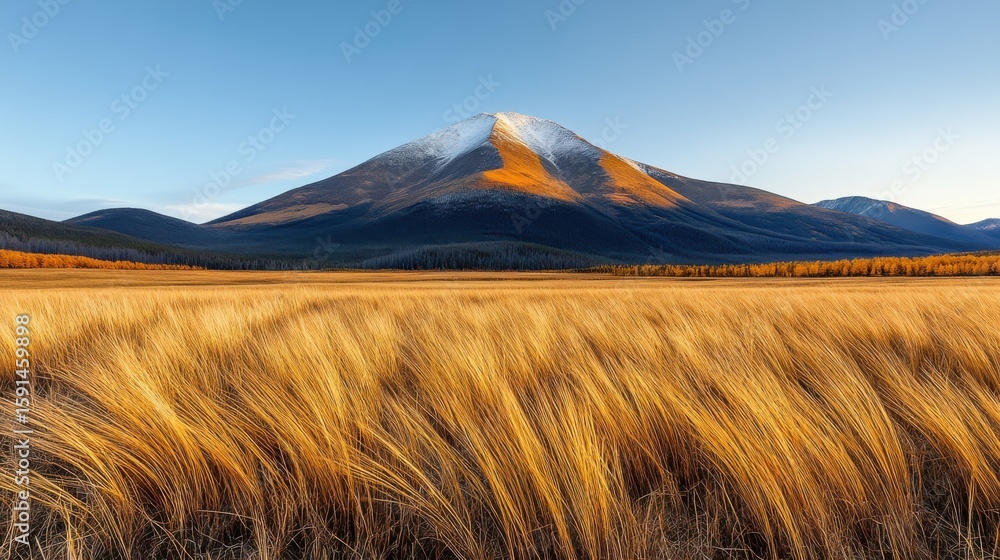 Obraz premium Majestic mountain with snow-capped peak overlooking a golden wheat field under clear blue sky