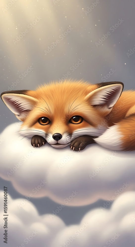 Obraz premium Adorable Red Fox Kit Resting on Clouds; Dreamy, Whimsical Illustration