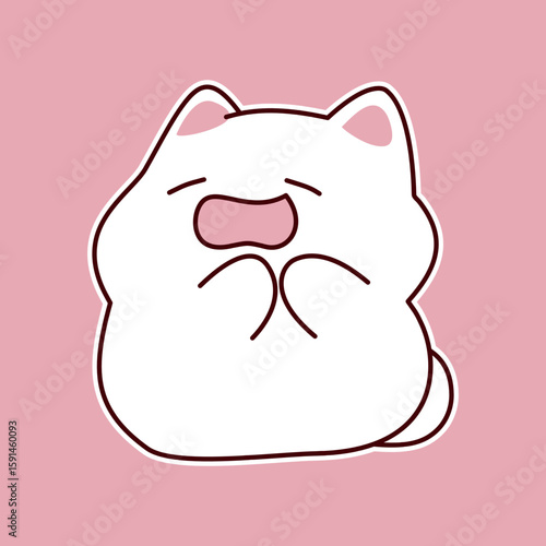 Cute white cartoon cat yawning with pink background
