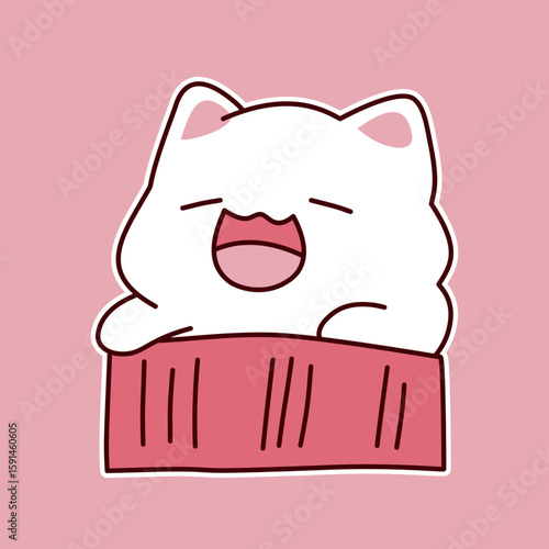 Cute white cartoon cat yawning with pink background
