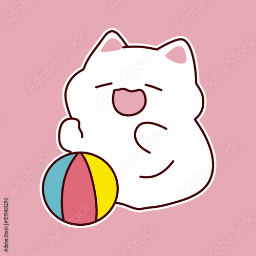 Cute white cartoon cat yawning with pink background