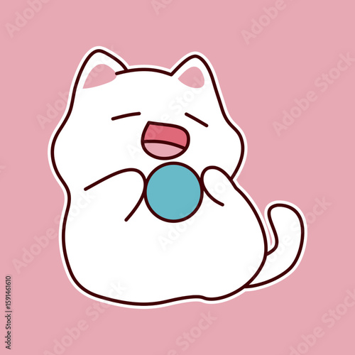 Cute white cartoon cat yawning with pink background