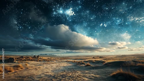 Vast desert landscape under a starry night sky with dramatic clouds and distant mountains
