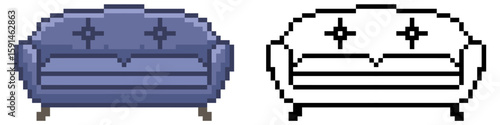 Pixel couch vector, representing comfortable seating and relaxation in an 8-bit style. Ideal for gaming environments, retro living rooms, or digital furniture assets.