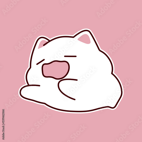 Cute white cartoon cat yawning with pink background