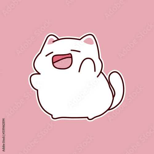 Cute white cartoon cat yawning with pink background