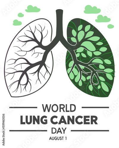 modern lungs representation with decayed branch on one side and thriving greenery on the other, capturing lung cancer awareness message for august 1 observance.