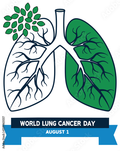 stylized lungs illustration with dark tree branch and vibrant green leaves on white background, symbolizing contrast between disease and health, world lung cancer day.