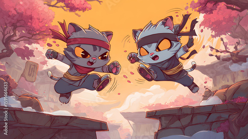 Two Chibi Baby Kittens in Kung Fu Outfits Mid-Jump Martial Arts Battle on Mountain Ledge with Cherry Blossoms and Floating Scrolls – Energetic Kids’ Animated Style

