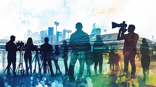 A montage featuring silhouettes of sports journalists reporting live, interviewing athletes, and analyzing games. The background includes stadiums and a cityscape with media hubs