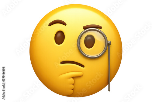 Intellectual yellow emoji wearing monocle, pensively reflecting on complex problem-solving with thoughtful expression