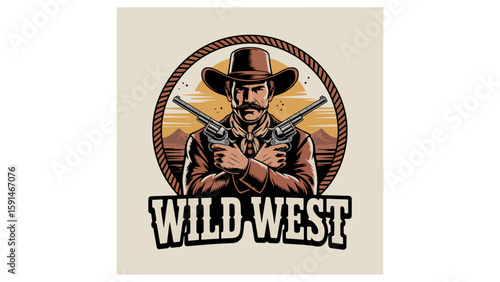 Wild West Cowboy Logo – Vintage Emblem with Revolvers and Rope Border

