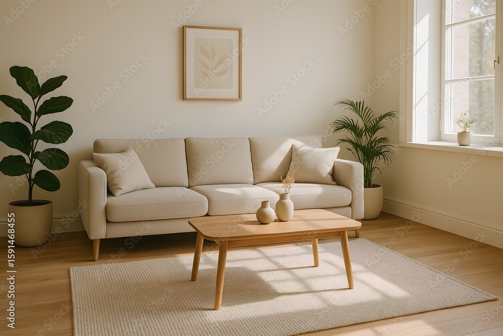 Modern living room beige sofa, wooden coffee table