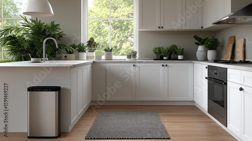 Modern minimalist kitchen interior with white countertops and cabinets, stainless steel trash bin, decorative rug, and natural sunlight, showcasing contemporary home design and clean lifestyle.