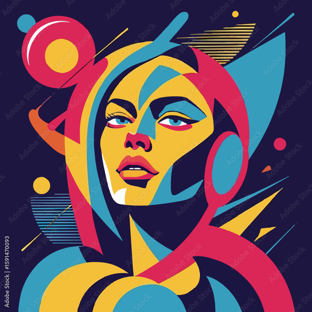A vibrant, stylized portrait of a woman with geometric shapes and bright colors. A vibrant, stylized portrait of a woman with geometric shapes and bright colors.