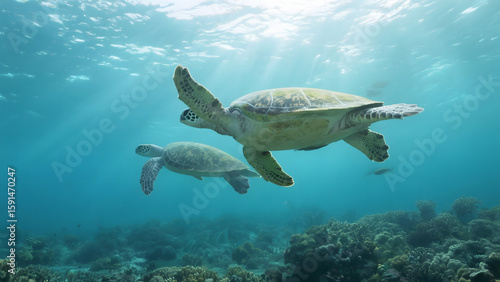 Two sea turtles swimming gracefully underwater near a coral reef with sunlight filtering through the water.