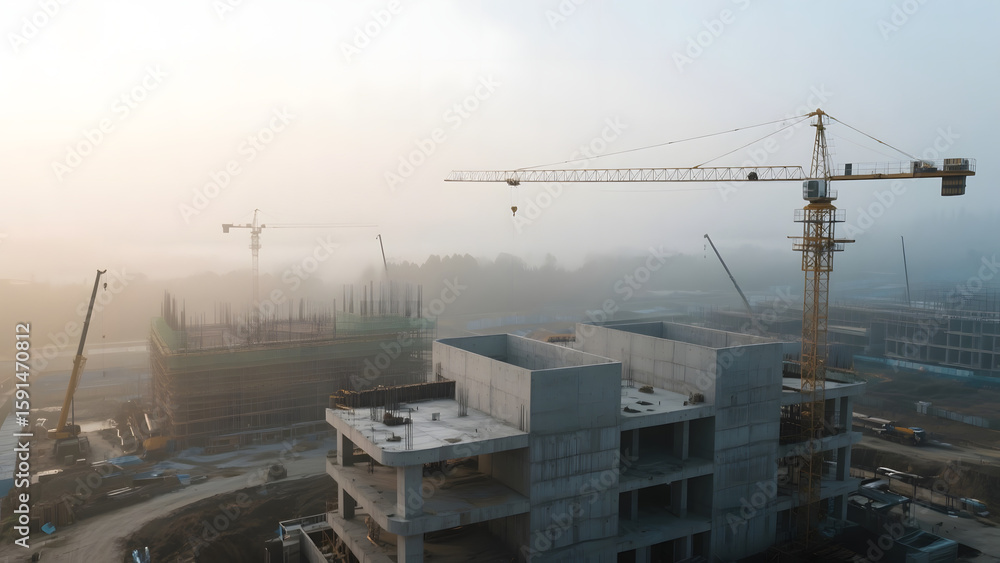 Construction Site with Cranes and Unfinished Buildings in a Foggy Environment Construction Site with Cranes and Unfinished Buildings in a Foggy Environment