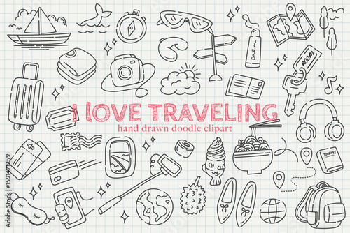 I Love Traveling Doodle Clipart – Hand Drawn Travel Icons Set