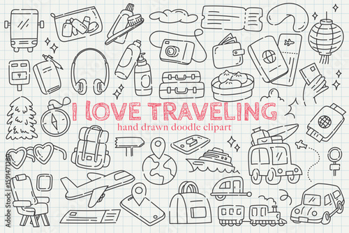I Love Traveling Doodle Clipart – Hand Drawn Travel Icons Set
