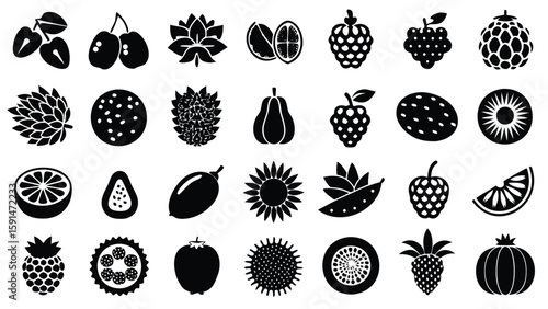 Silhouette illustration of various fruits including berries citrus and tropical fruits icons set design