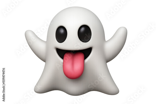 Playful cartoon ghost rendering, tongue out, transparent backdrop, whimsical halloween graphic design element