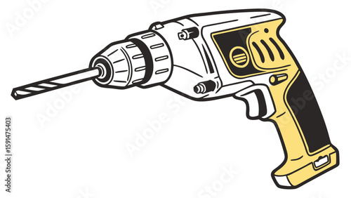 Outlined illustration of a cordless electric drill with drill bit.