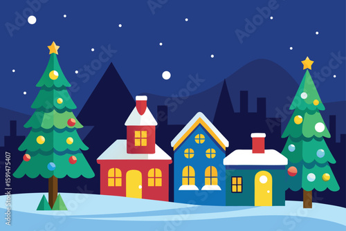 snowy christmas village at night with colorful co