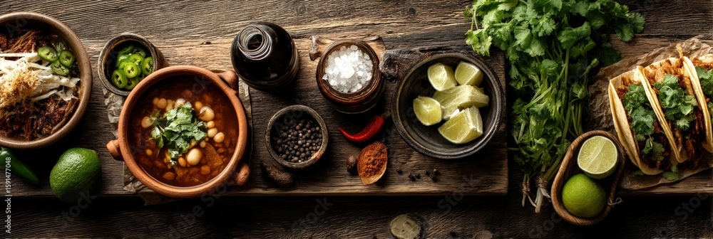 Mexican food displayed on rustic wooden table with tacos, pozole, and ingredients Mexican food displayed on rustic wooden table with tacos, pozole, and ingredients