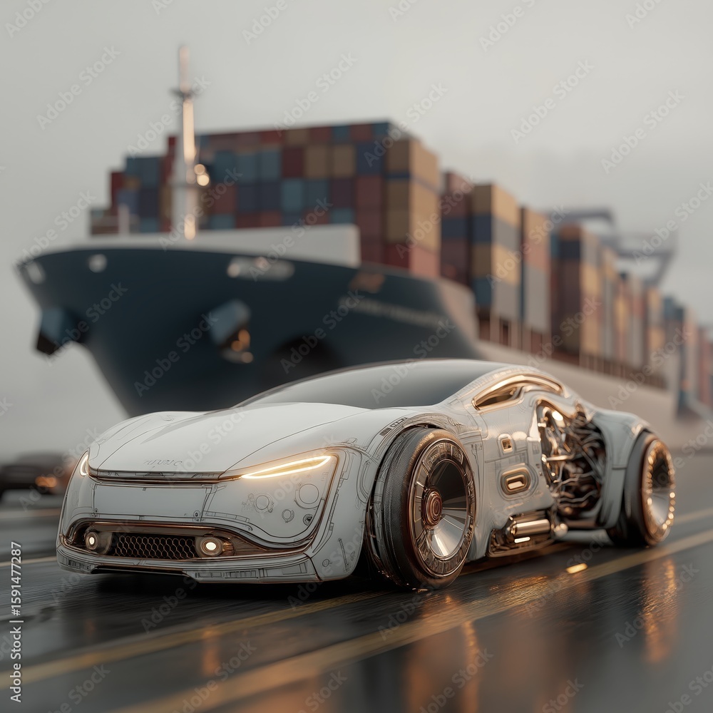 Obraz premium Futuristic Car and Cargo Ship at Port Terminal 