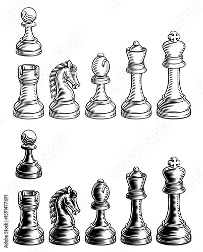 Black and white illustration of classic chess pieces in vinatge engraved woodcut style design. Full set includes pawn, knight, rook, bishop, queen and king arranged by color.