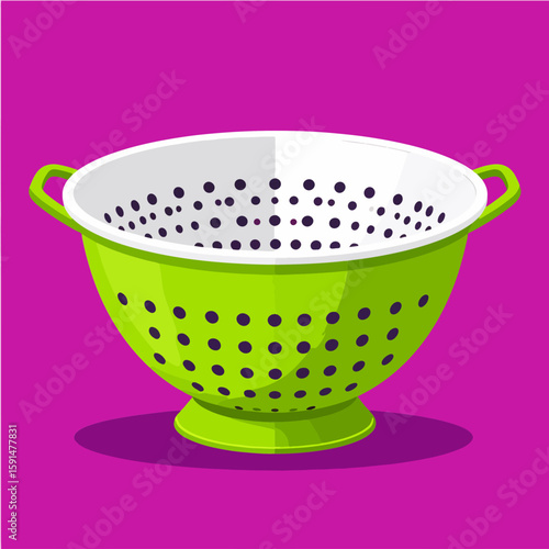 A vibrant, green colander with a white interior and perforated design sits against a bold magenta background, perfect for kitchen or cooking-related projects.