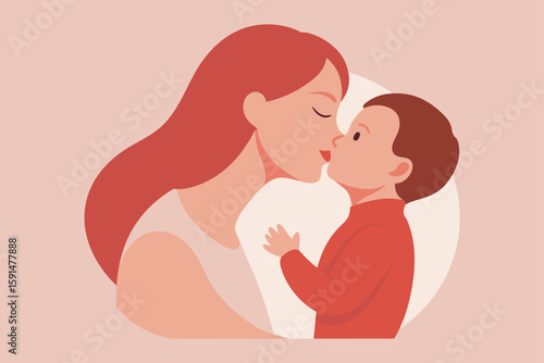 mother kissing baby on forehead  hand painted in