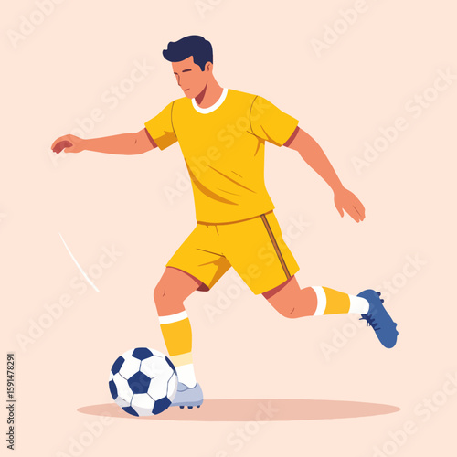 Vector illustration of a soccer player in yellow uniform about to kick a soccer ball, showcasing athleticism, movement, and sportsmanship on a light background.