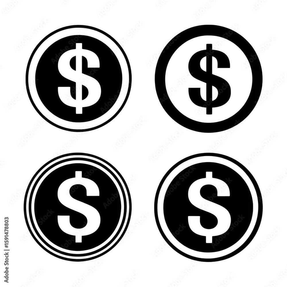 Four outline dollar coins with concentric circles isolated on transparent background Four outline dollar coins with concentric circles isolated on transparent background