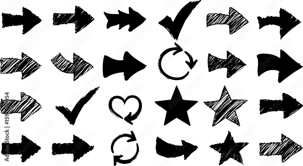 Fototapeta premium Hand-drawn arrow icons: a versatile vector set for web and business design, illustrating direction and love with various shapes