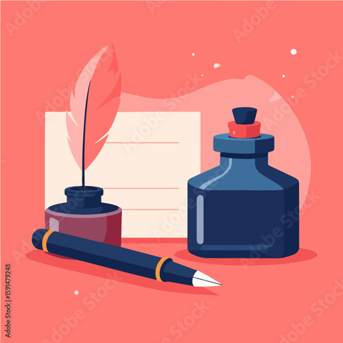 Artistic flat lay composition of ink bottles, a quill in an inkwell, a pen, and a blank sheet, showcasing the craft of writing on a coral backdrop.